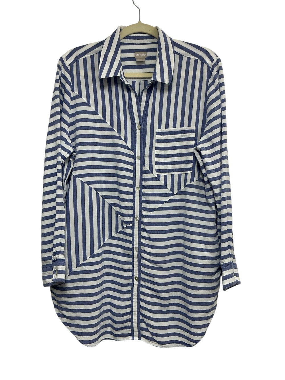 Chico's Poplin button down Tunic Blue and White Striped Women’s Shirt
